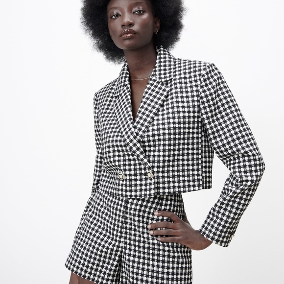 NWT Zara Textured Tweed Plaid Black White Cropped Blazer L - Picture 1 of 5